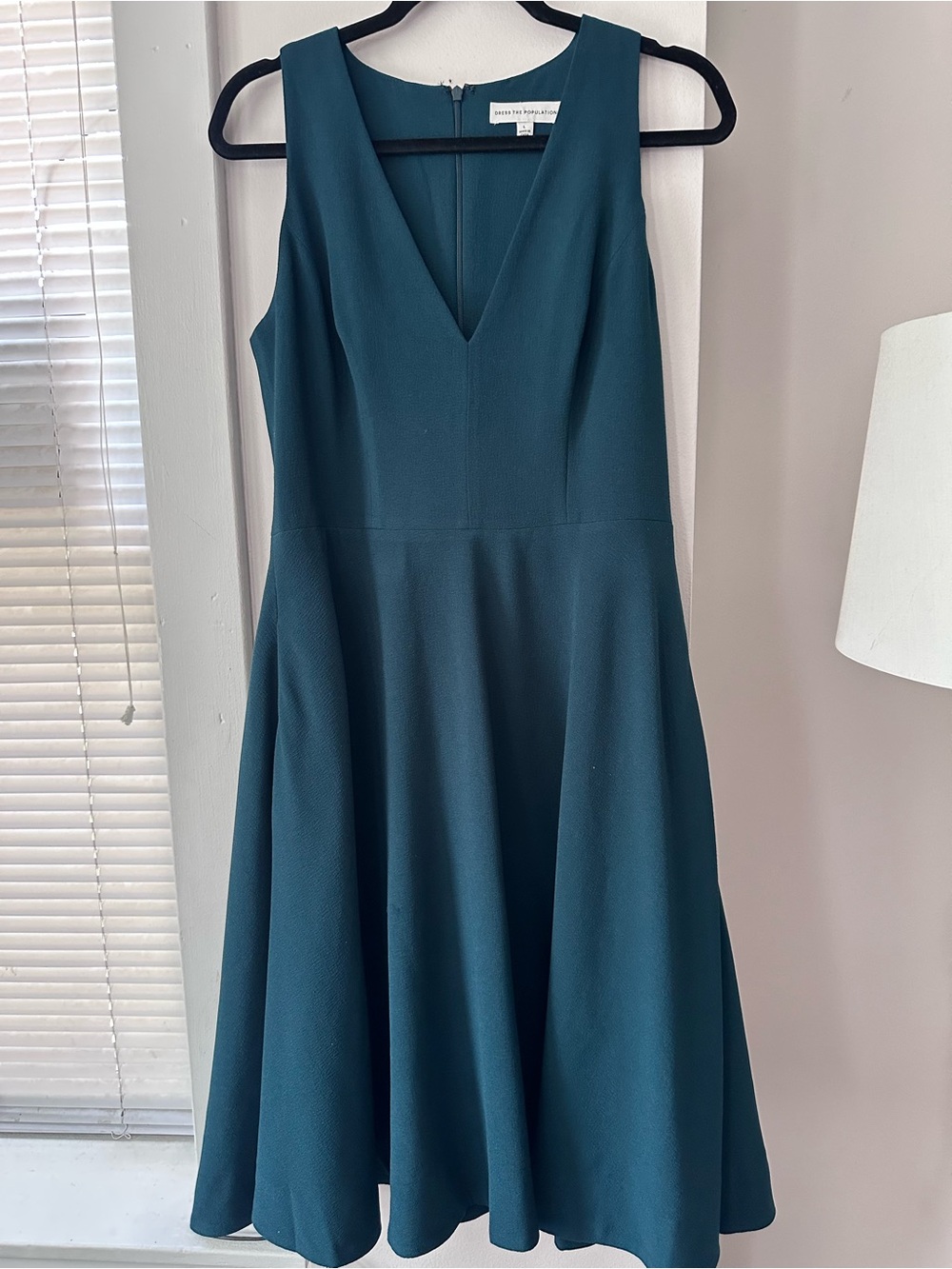 Dress The Population Dark Teal V-Neck Sleeveless Fit & Flare Midi Dress Sz L